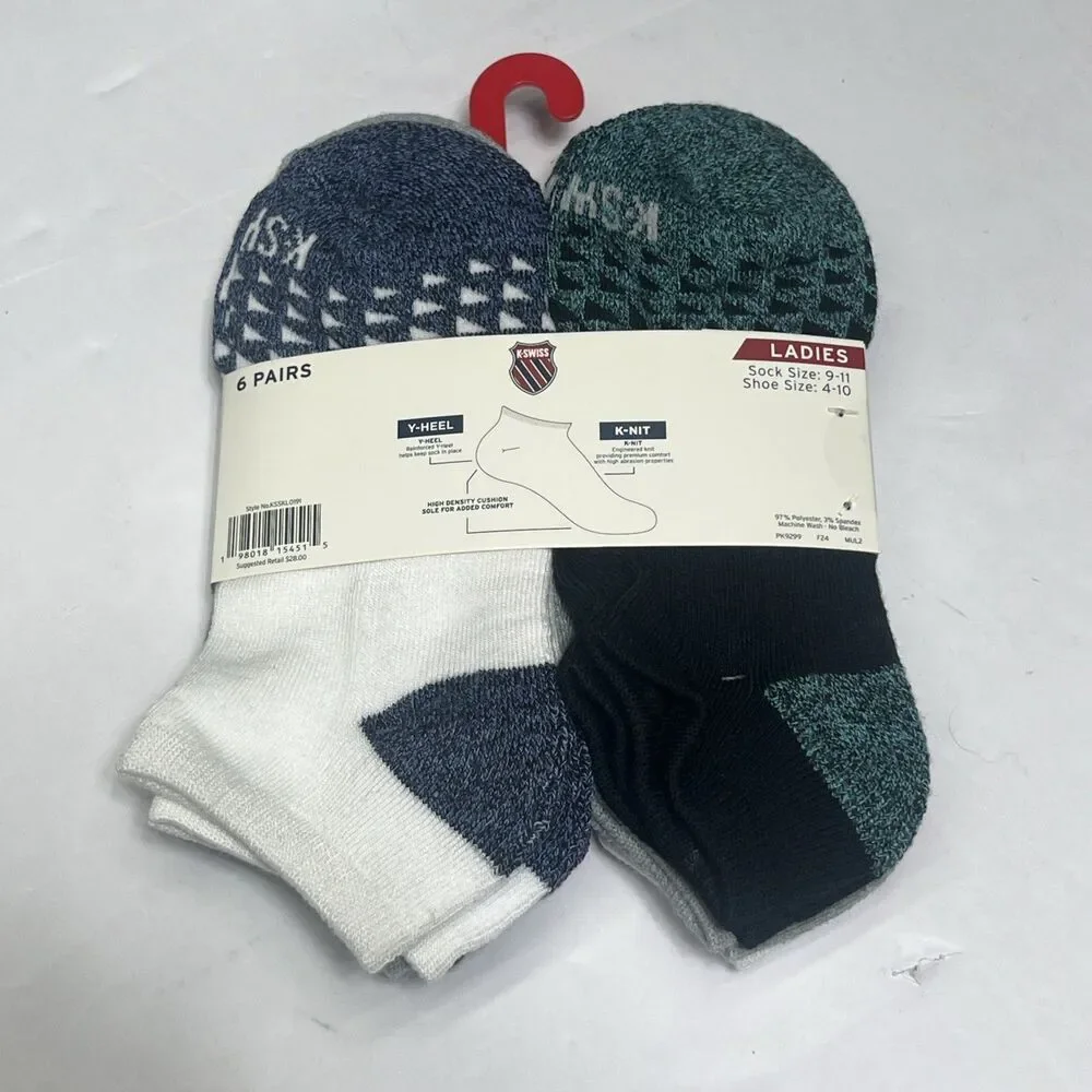 K Swiss Women's No-Show Socks 6 Pack Shoe Size‎ 4-10 Black Flow Cool $28 K-Knit